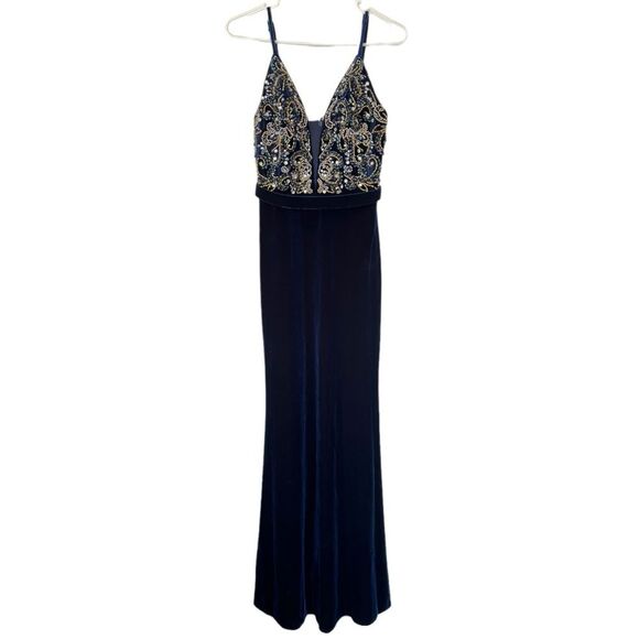 NWOT Betsy & Adam | Velvet Navy Embellished Strappy Evening Gown 4 - Picture 4 of 11